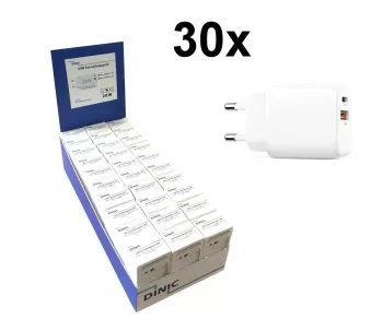 30x PW-20WCA (Chargeur USB C+A 20W) blanc dans un présentoir de comptoir DINIC